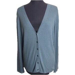 Talbots Wool Blend Ribbed Cardigan Sweater Women XL Blue Crochet Cuff Classic